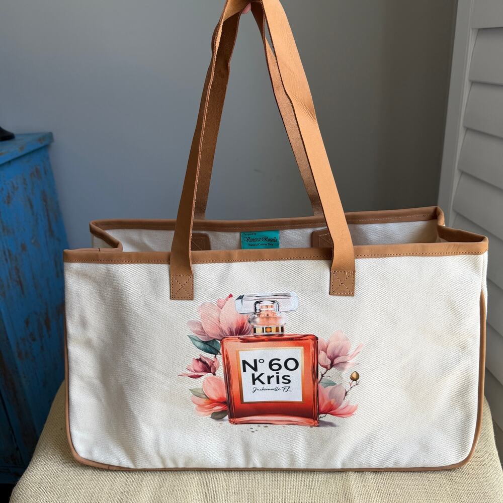 CANVAS TOTE Large Chic Personalized Cream Canvas Bag Featuring Perfume Bottle